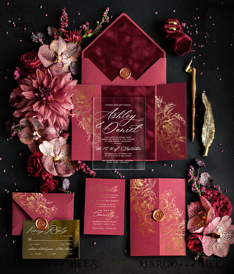 Luxury Red Velvet Wedding Invitations, Elegant Plexi Acrylic Wedding Cards, Glamour Burgundy Arabic Wedding Invites, Indian Golden Shine Wedding Invitation Suite-4