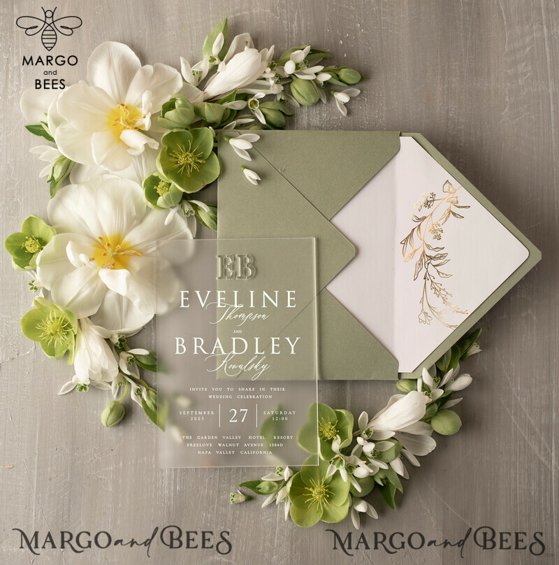 Sage Green Acrylic Wedding invitations suite, Luxury Frozen Acryl Wedding Invitations • Glamour Gold Wedding Invitation Suite • Luxury Acrylic Wedding Cards-3