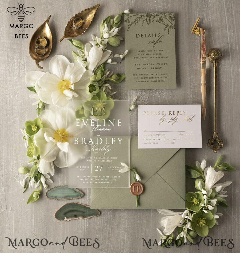 Sage Green Acrylic Wedding invitations suite, Luxury Frozen Acryl Wedding Invitations • Glamour Gold Wedding Invitation Suite • Luxury Acrylic Wedding Cards-1