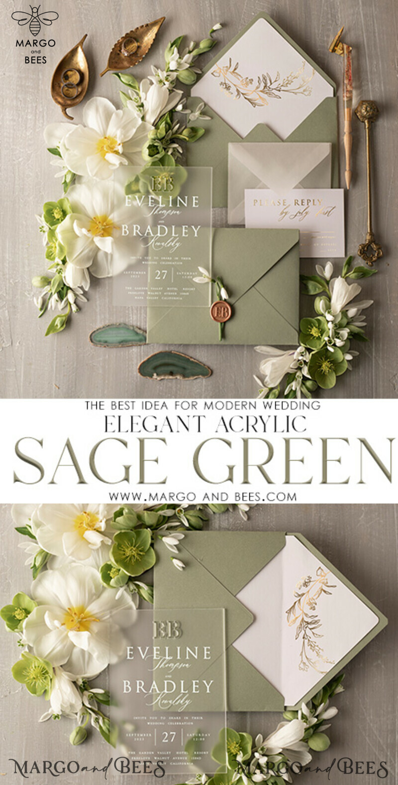 Elegant Sage Green Acrylic Wedding Invitations with Luxury Gold Accents-3