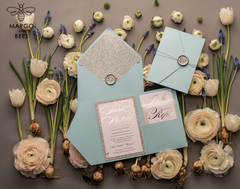 Personalised invitations for wedding silver baby blue colour palette  -1