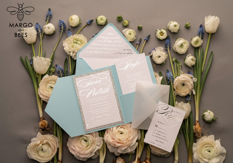 Personalised invitations for wedding silver baby blue colour palette  -14