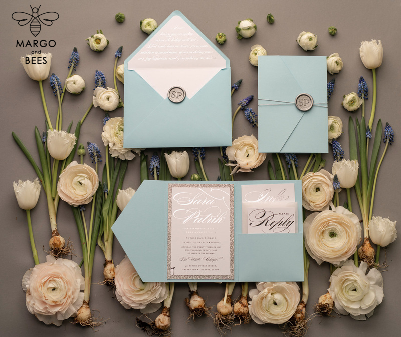 Personalised invitations for wedding silver baby blue colour palette  -16