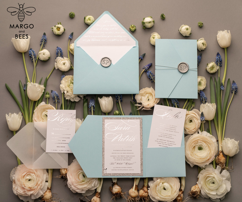 Personalised invitations for wedding silver baby blue colour palette  -18