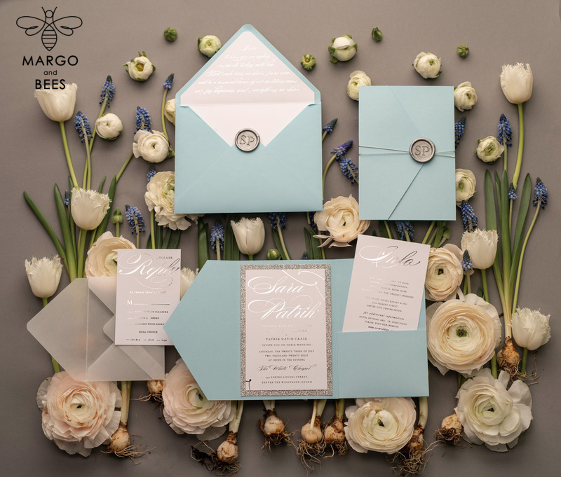 Personalised invitations for wedding silver baby blue colour palette  -19