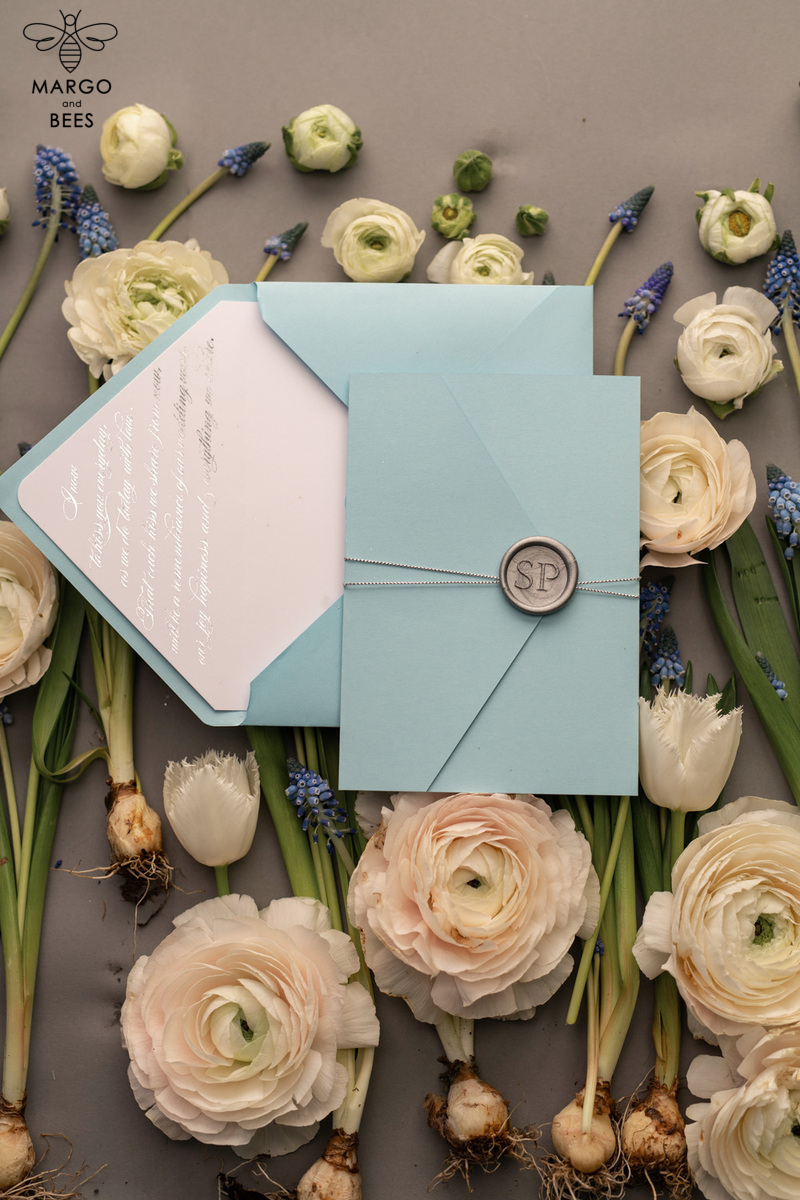 Personalised invitations for wedding silver baby blue colour palette  -2
