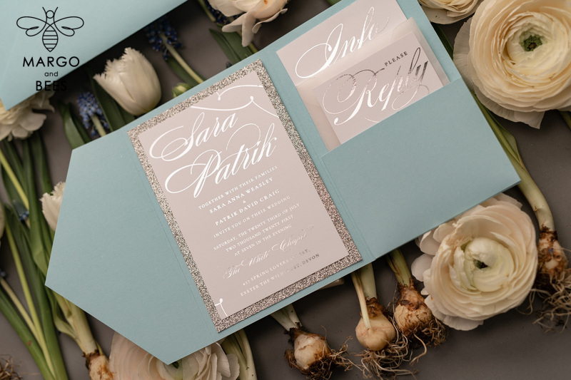 Personalised invitations for wedding silver baby blue colour palette  -25