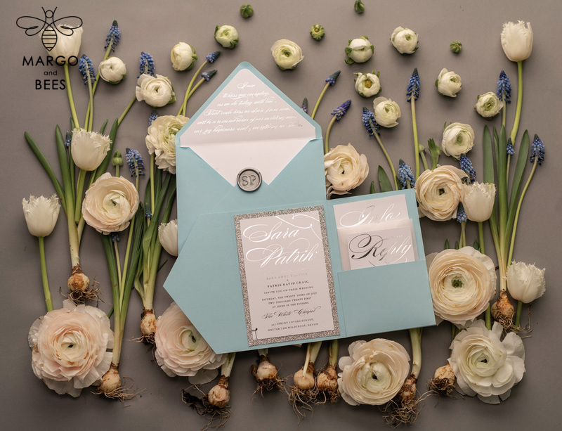Personalised invitations for wedding silver baby blue colour palette  -26