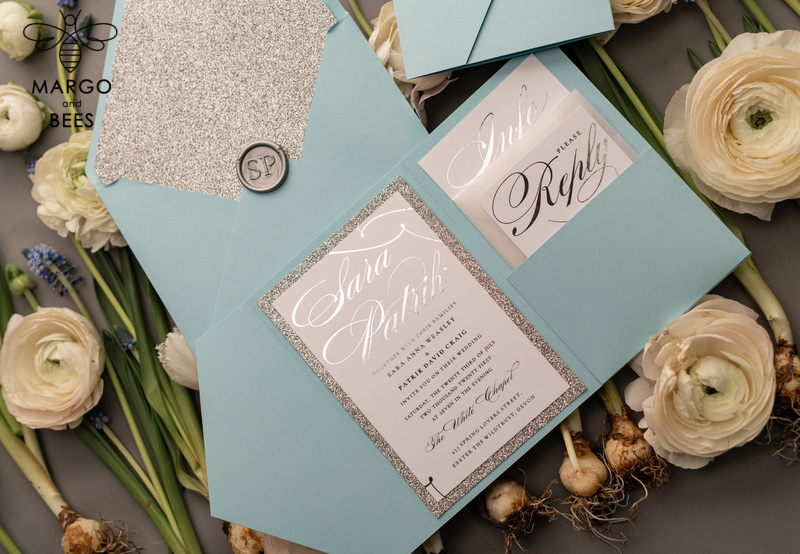 Personalised invitations for wedding silver baby blue colour palette  -3