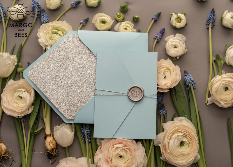 Personalised invitations for wedding silver baby blue colour palette  -5