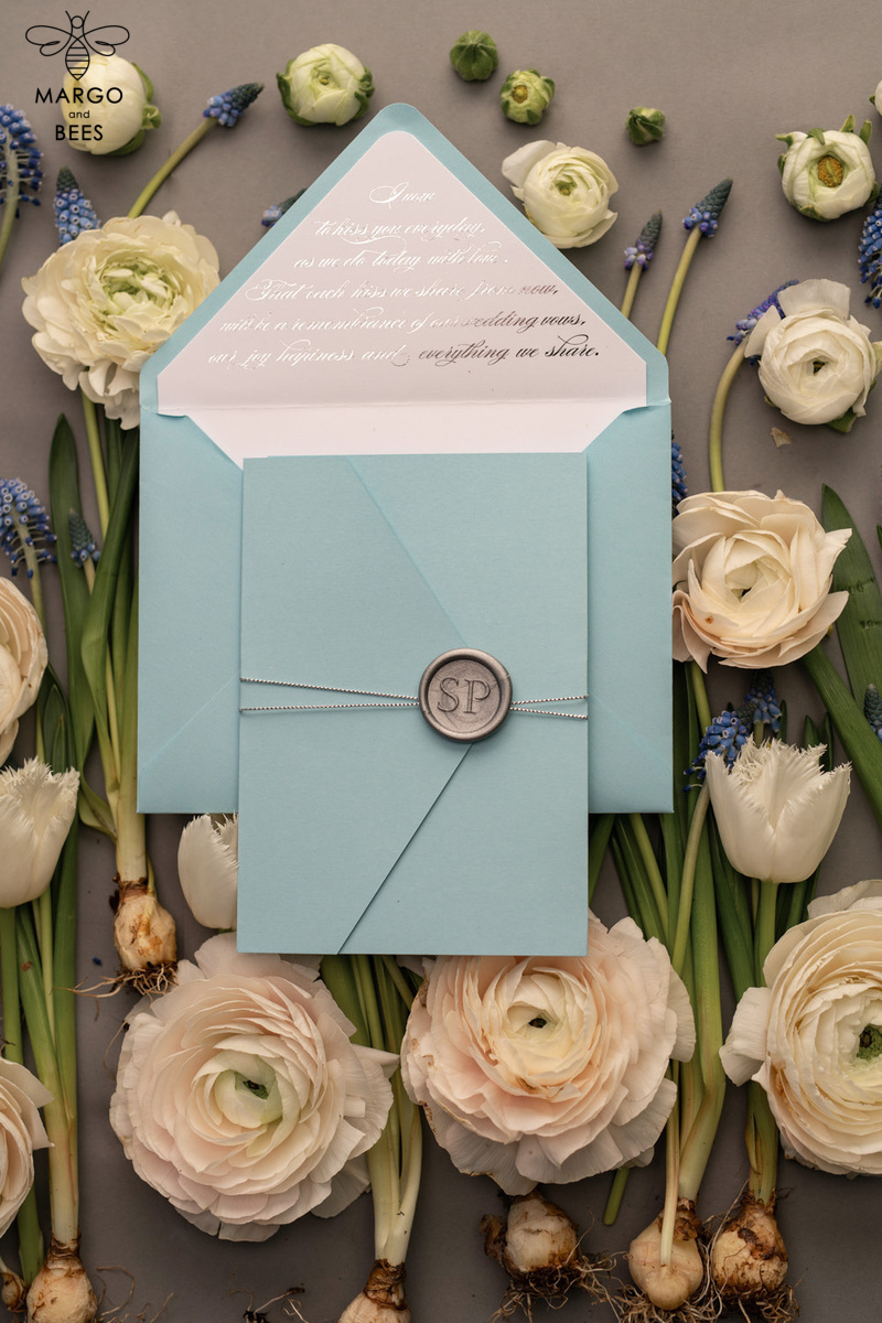Personalised invitations for wedding silver baby blue colour palette  -8