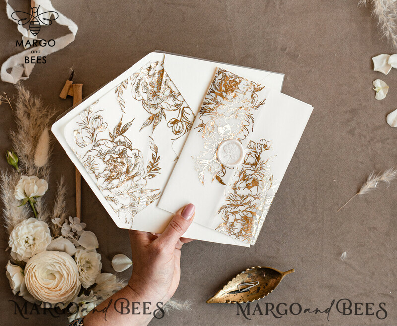 Elegant and Luxurious Bespoke Gold Acrylic Wedding Invitations with Glamourous Gold Details and White Wax Seal - The Perfect Touch of Luxury for Your Special Day-1