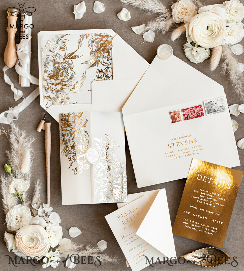 Elegant and Luxurious Bespoke Gold Acrylic Wedding Invitations with Glamourous Gold Details and White Wax Seal - The Perfect Touch of Luxury for Your Special Day-8