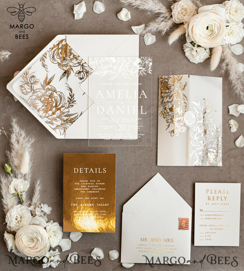 Elegant and Luxurious Bespoke Gold Acrylic Wedding Invitations with Glamourous Gold Details and White Wax Seal - The Perfect Touch of Luxury for Your Special Day-2