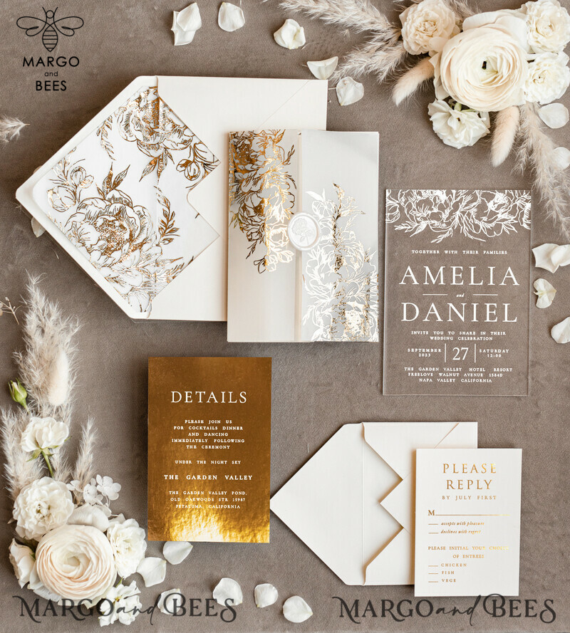 Bespoke Gold Acrylic wedding invitations, Glamour Gold Wedding Invitations, White Wax Seal Wedding Invitation Suite,  Luxury Wedding Cards Gold-0