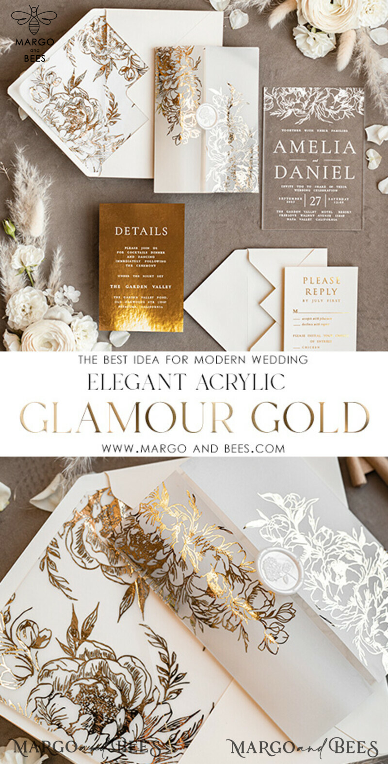 Elegant and Luxurious Bespoke Gold Acrylic Wedding Invitations with Glamourous Gold Details and White Wax Seal - The Perfect Touch of Luxury for Your Special Day-3