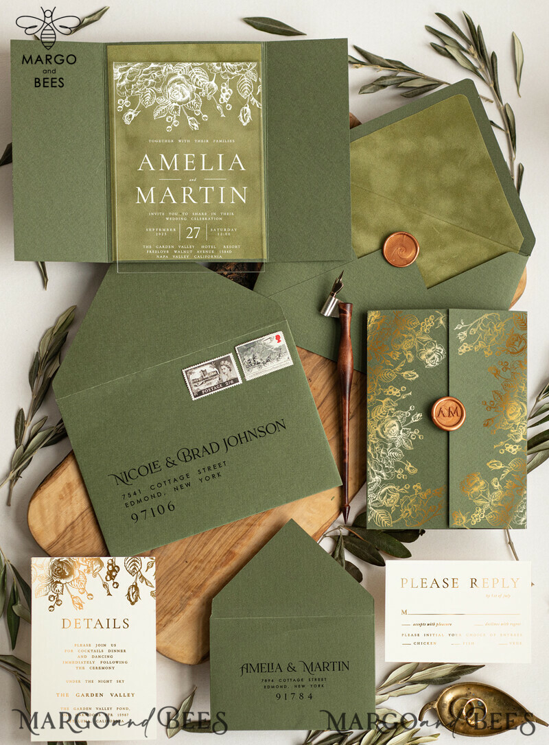Acrylic Wedding Invitations cards, glamour Velvet olive green Wedding invitations designs, Italian Wedding invitation template Green Olive Branch-1