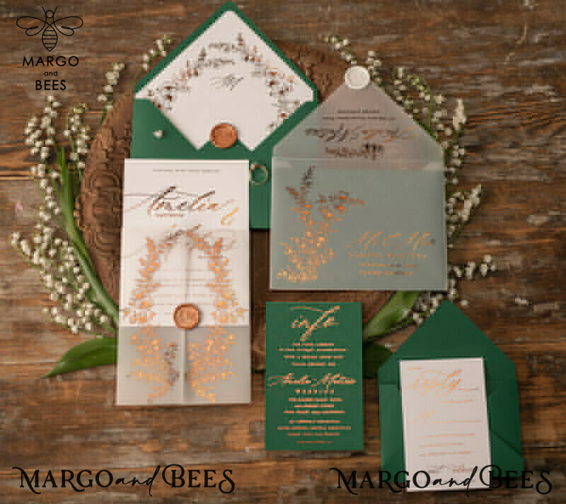 Elegant Green wedding invitation Suite, Spring Gold Wedding Cards, gold Leaves Romantic Wedding Invites, Greenery vellum Wrapping -1