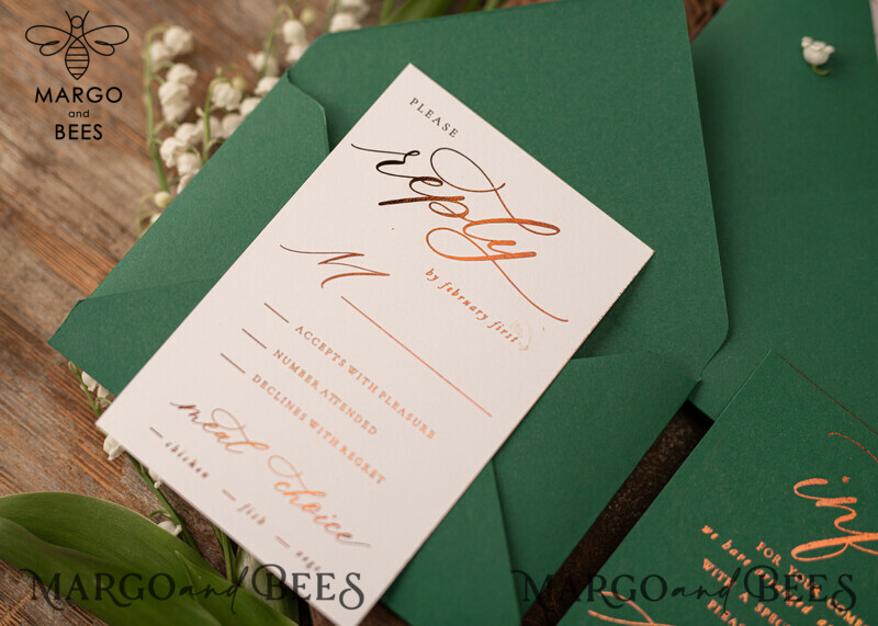 Luxury Greenery Gold Wedding Invitations, Elegant Emerald Green Wedding Cards, Bespoke White Vellum Wedding Invitation Suite, Golden Shine Wedding Invites-10