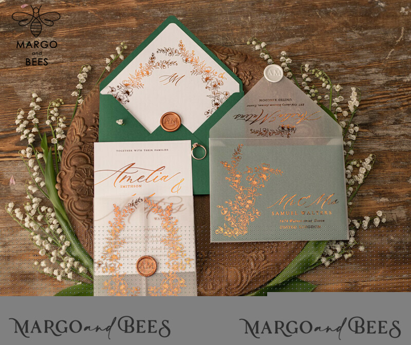 Elegant Green wedding invitation Suite, Spring Gold Wedding Cards, gold Leaves Romantic Wedding Invites, Greenery vellum Wrapping -2