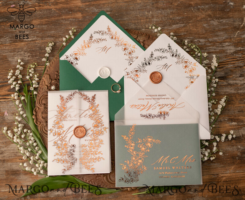 Elegant Green wedding invitation Suite, Spring Gold Wedding Cards, gold Leaves Romantic Wedding Invites, Greenery vellum Wrapping -3