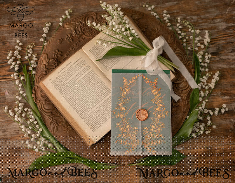 Elegant Green wedding invitation Suite, Spring Gold Wedding Cards, gold Leaves Romantic Wedding Invites, Greenery vellum Wrapping -4