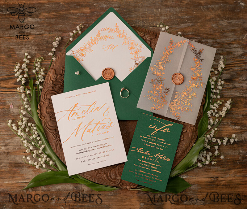  Luxury Greenery Gold Wedding Invitations, Elegant Emerald Green Wedding Cards, Bespoke White Vellum Wedding Invitation Suite, Golden Shine Wedding Invites-5