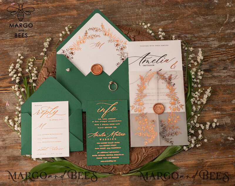  Luxury Greenery Gold Wedding Invitations, Elegant Emerald Green Wedding Cards, Bespoke White Vellum Wedding Invitation Suite, Golden Shine Wedding Invites-6