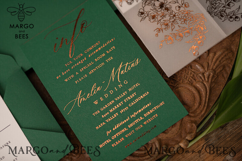 Luxury Greenery Gold Wedding Invitations: Elegant Emerald Green Wedding Cards with Bespoke White Vellum Suite and Golden Shine-7