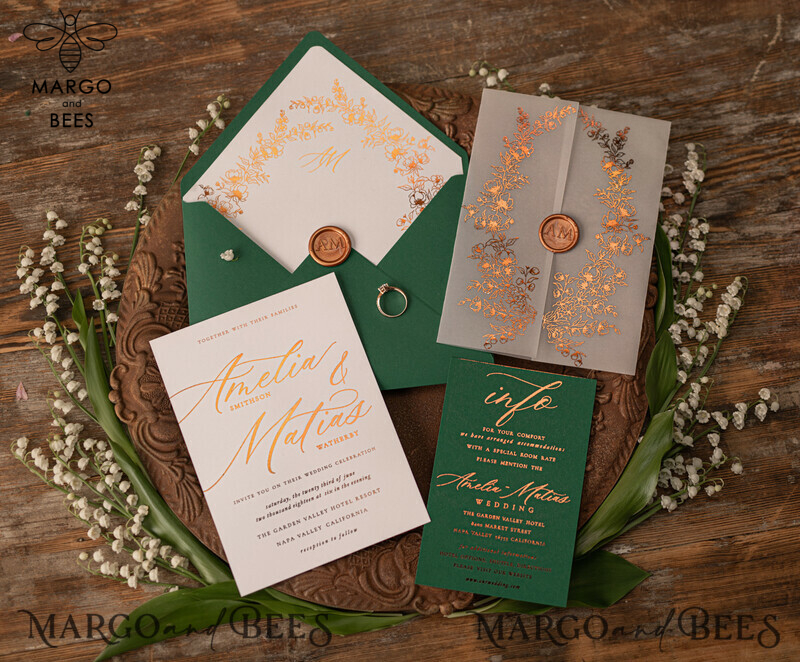  Luxury Greenery Gold Wedding Invitations, Elegant Emerald Green Wedding Cards, Bespoke White Vellum Wedding Invitation Suite, Golden Shine Wedding Invites-8