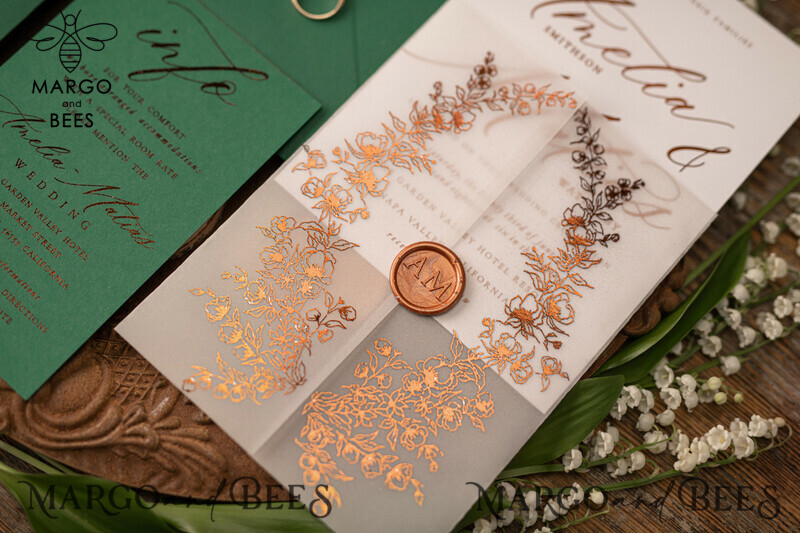 Elegant Green wedding invitation Suite, Spring Gold Wedding Cards, gold Leaves Romantic Wedding Invites, Greenery vellum Wrapping -9