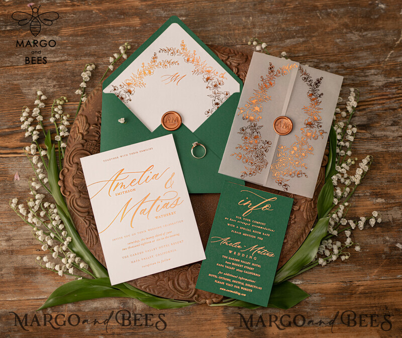 Elegant Green wedding invitation Suite, Spring Gold Wedding Cards, gold Leaves Romantic Wedding Invites, Greenery vellum Wrapping -0