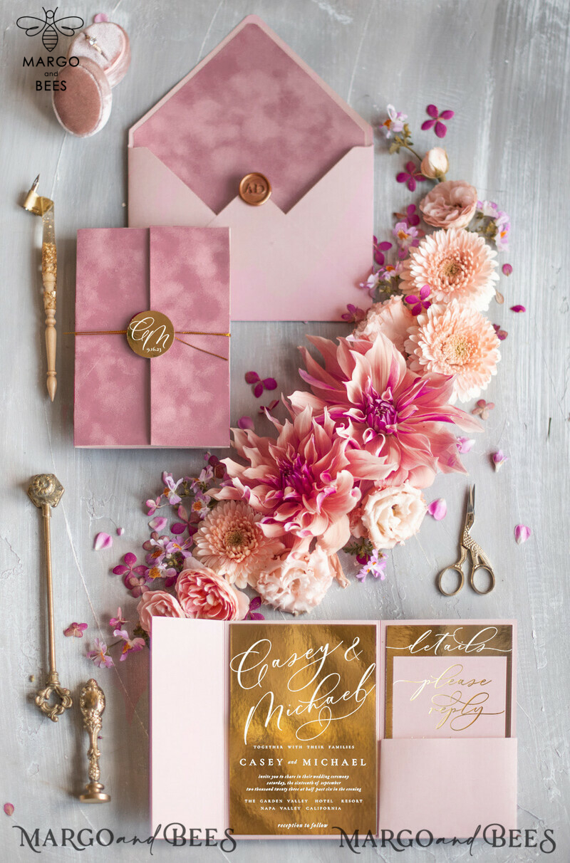  Luxury Velvet Wedding Invitations, Romantic Blush Pink Wedding Cards, Glamour Golden Shine Wedding Invites, Elegant Pink Wedding Invitation Suite-1