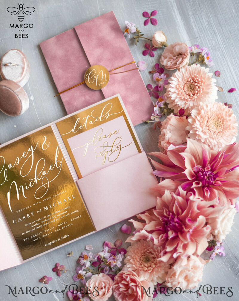 Elegant Gold Wedding invitations, Velvet  Blush Pink Wedding Cards, Luxury Gold Wedding Sationery -2