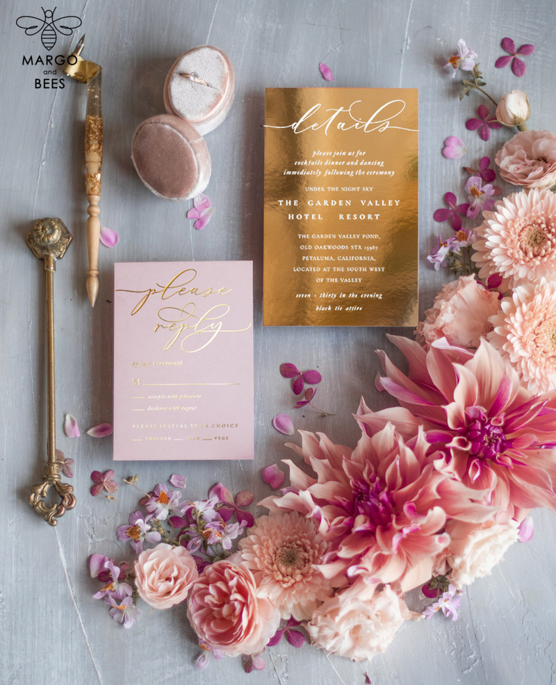  Luxury Velvet Wedding Invitations, Romantic Blush Pink Wedding Cards, Glamour Golden Shine Wedding Invites, Elegant Pink Wedding Invitation Suite-3