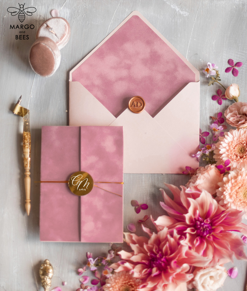 Elegant Gold Wedding invitations, Velvet  Blush Pink Wedding Cards, Luxury Gold Wedding Sationery -5