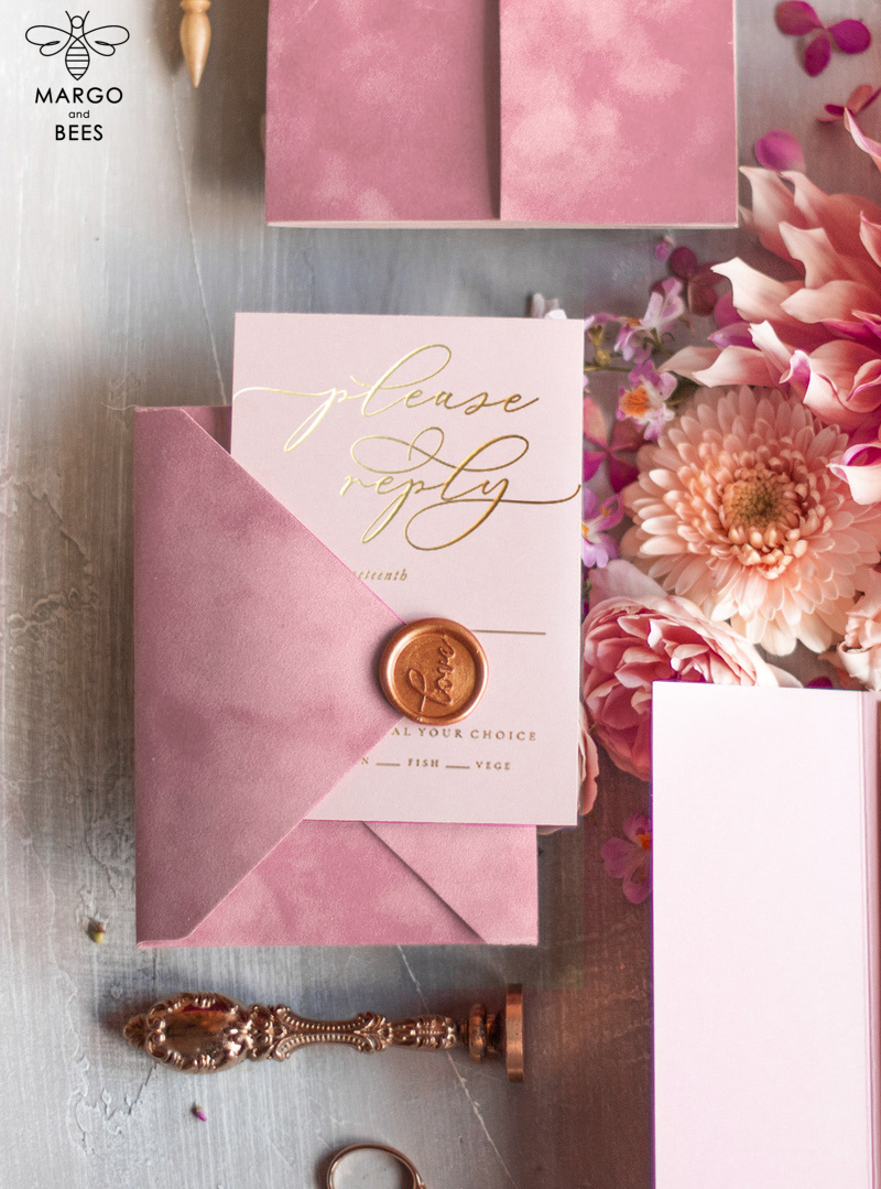Elegant Gold Wedding invitations, Velvet  Blush Pink Wedding Cards, Luxury Gold Wedding Sationery -6