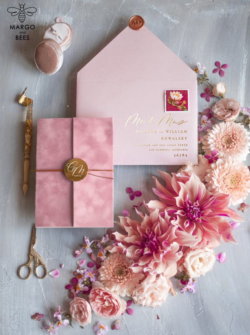  Luxury Velvet Wedding Invitations, Romantic Blush Pink Wedding Cards, Glamour Golden Shine Wedding Invites, Elegant Pink Wedding Invitation Suite-6