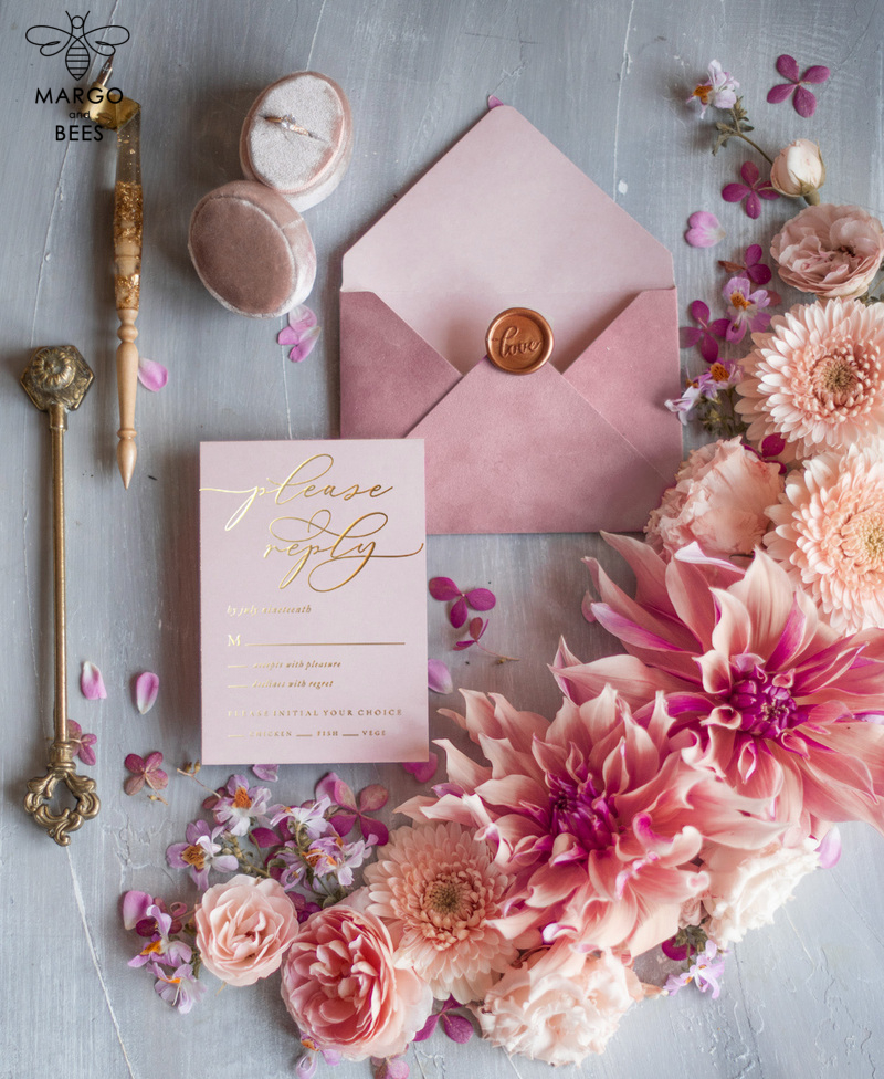  Luxury Velvet Wedding Invitations, Romantic Blush Pink Wedding Cards, Glamour Golden Shine Wedding Invites, Elegant Pink Wedding Invitation Suite-7