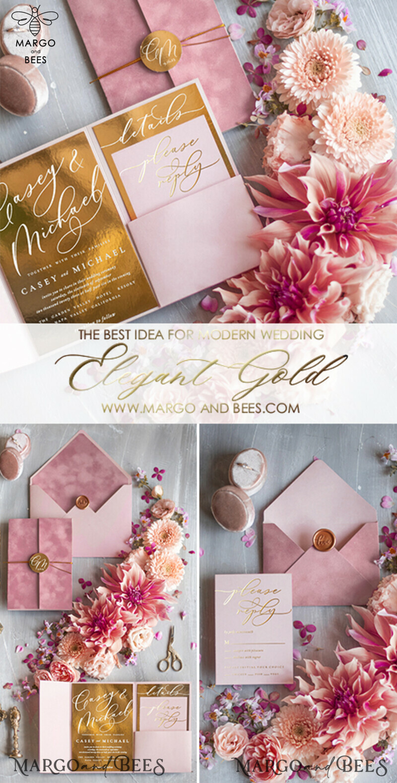 Elegant Gold Wedding invitations, Velvet  Blush Pink Wedding Cards, Luxury Gold Wedding Sationery -3