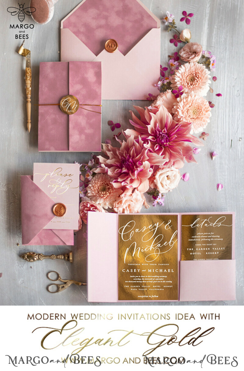 Luxury Velvet Wedding Invitations, Romantic Blush Pink Wedding Cards, Glamour Golden Shine Wedding Invites, Elegant Pink Wedding Invitation Suite-9