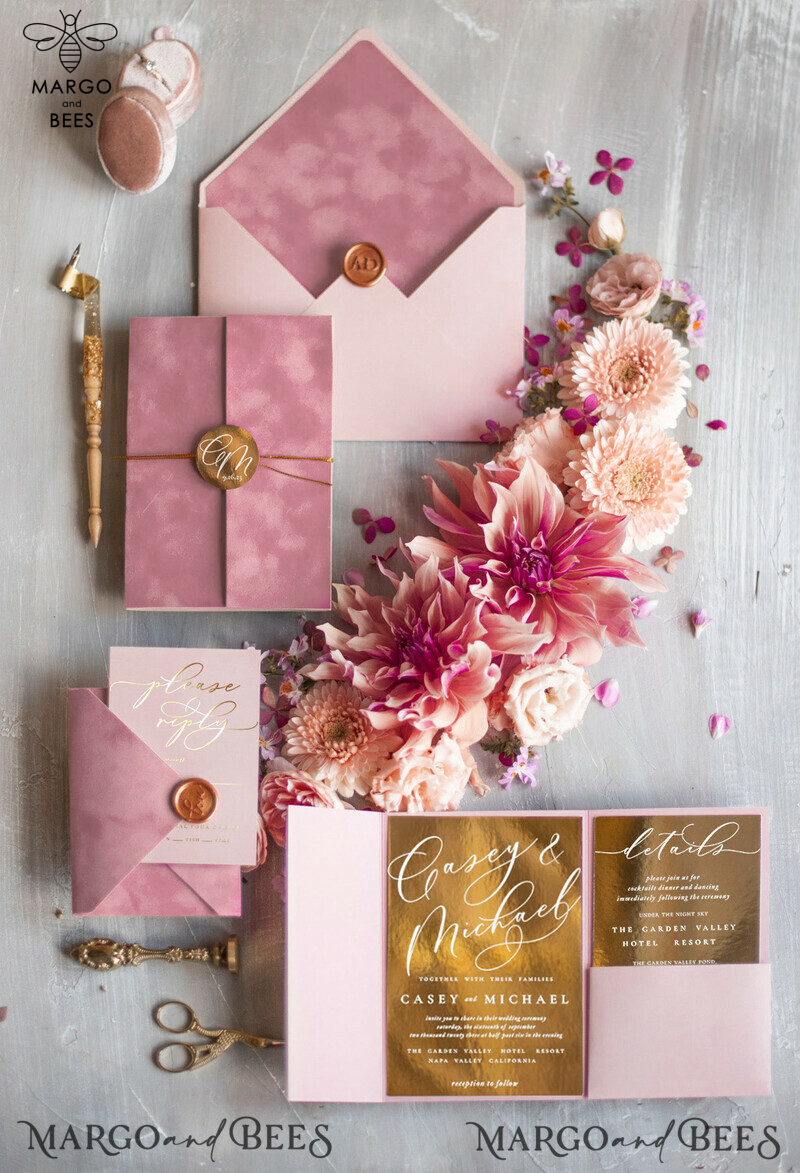  Luxury Velvet Wedding Invitations, Romantic Blush Pink Wedding Cards, Glamour Golden Shine Wedding Invites, Elegant Pink Wedding Invitation Suite-0