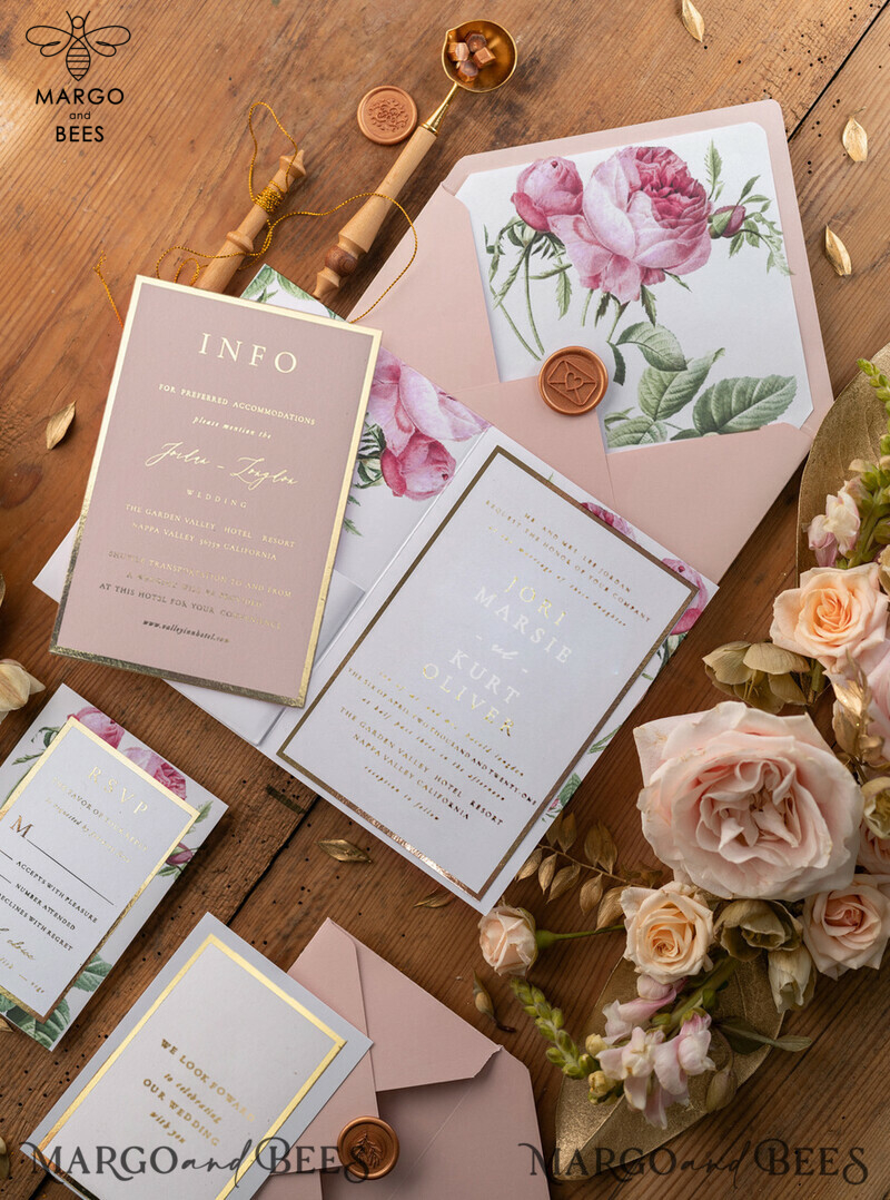 Luxury Gold Foil Wedding Invites, Elegant Pocketfold Wedding Invitations, Glamour Blush Pink Wedding Cards, Romantic Floral Wedding Invitation Suite-1