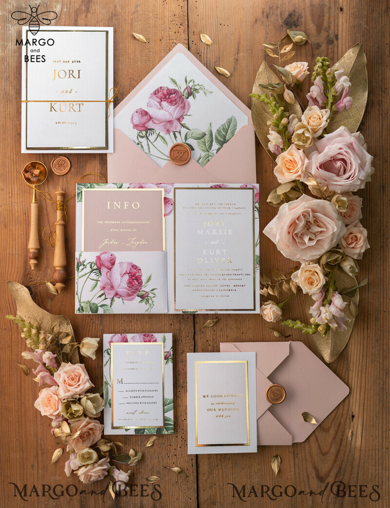 Luxurious Gold Foil Pocketfold Wedding Invitations: Elegant, Glamorous Blush Pink Design with Romantic Floral Invitation Suite-0