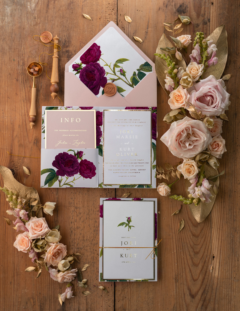 Luxury Roses Wedding Invitations,   Burgundy Roses Elegant Wedding Stationery,  Pocket Fold Pink Elegant Wedding Invitations Suite-1