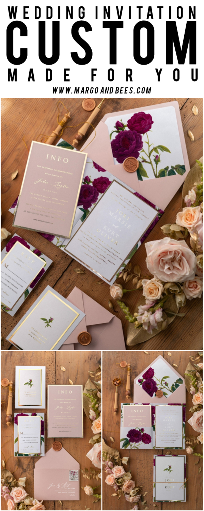 Luxury Roses Wedding Invitations,   Burgundy Roses Elegant Wedding Stationery,  Pocket Fold Pink Elegant Wedding Invitations Suite-8