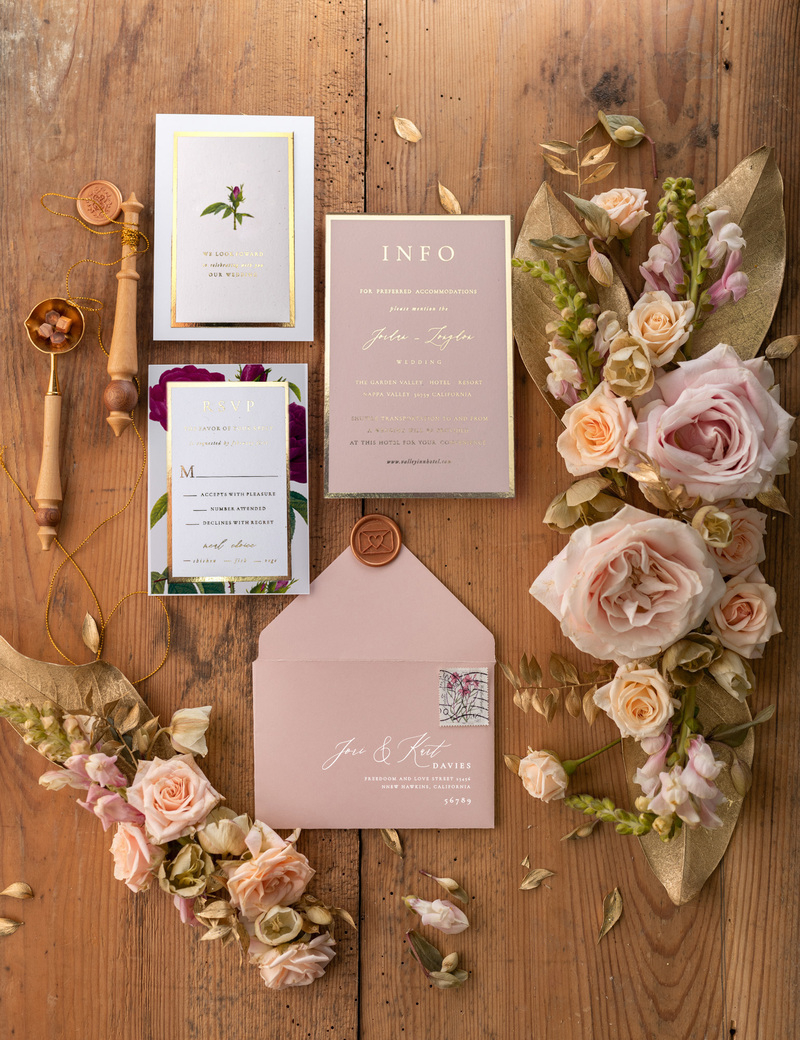 Luxury Roses Wedding Invitations,   Burgundy Roses Elegant Wedding Stationery,  Pocket Fold Pink Elegant Wedding Invitations Suite-2