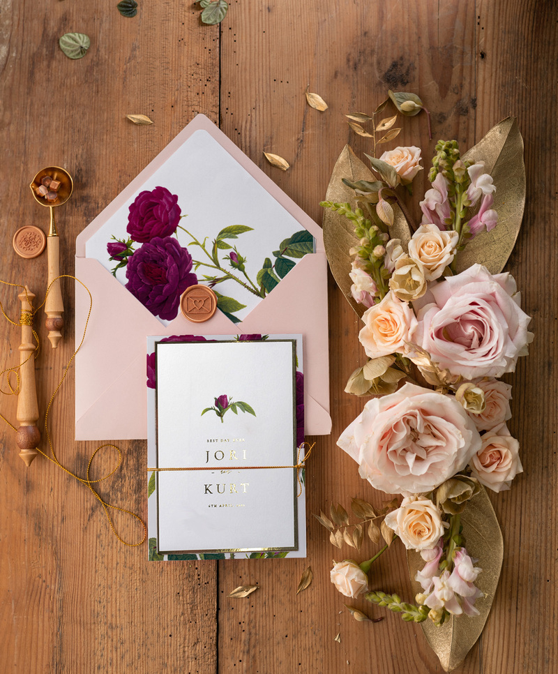 Luxury Roses Wedding Invitations,   Burgundy Roses Elegant Wedding Stationery,  Pocket Fold Pink Elegant Wedding Invitations Suite-3