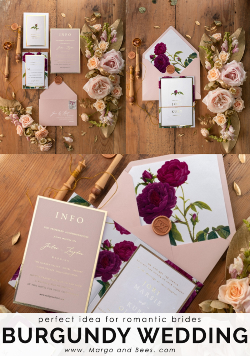 Luxury Roses Wedding Invitations,   Burgundy Roses Elegant Wedding Stationery,  Pocket Fold Pink Elegant Wedding Invitations Suite-4