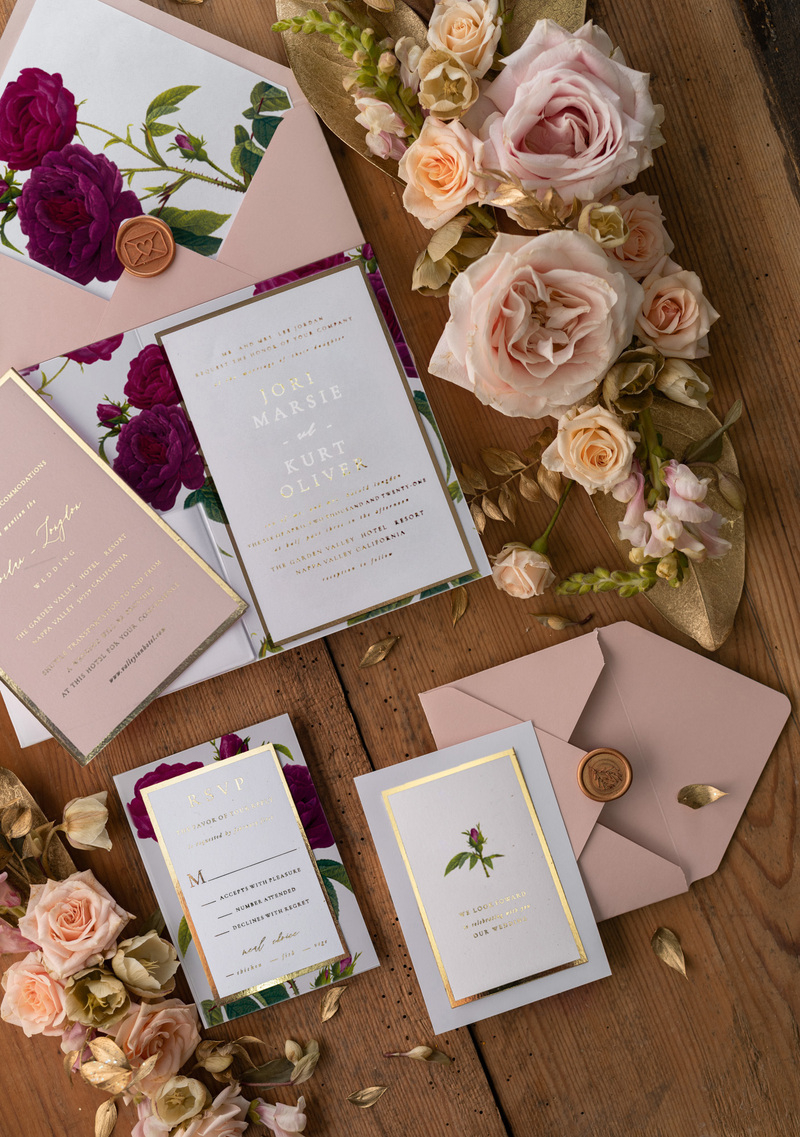 Luxury Roses Wedding Invitations,   Burgundy Roses Elegant Wedding Stationery,  Pocket Fold Pink Elegant Wedding Invitations Suite-5